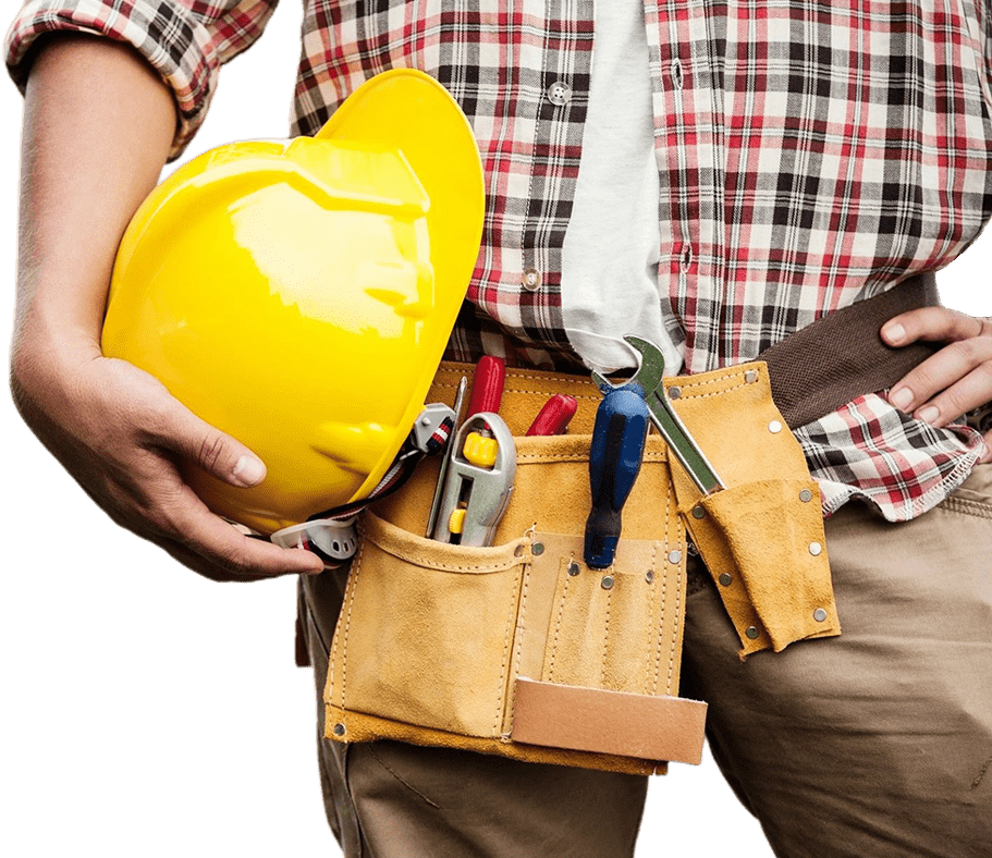 A worker holding construction helmet with tools hanging on his waist